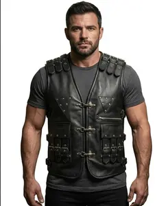 Men’s Black Leather Tactical Vest Multi Pocket Biker Utility Waistcoat  Adjustable Strap Streetwear Fashion Vest