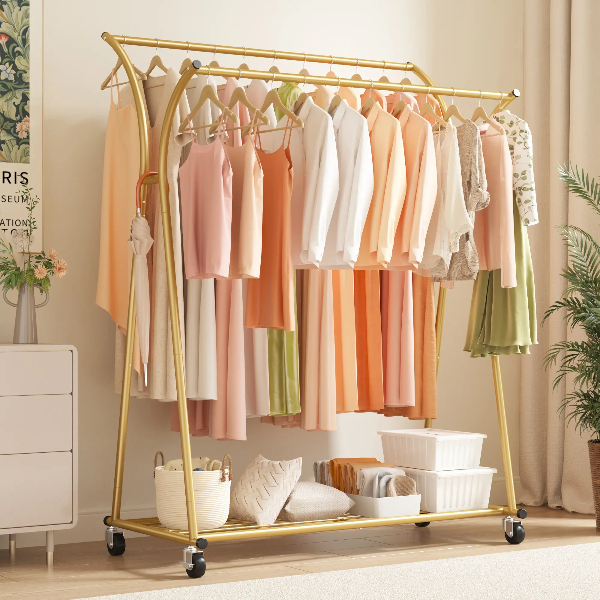 [RaybeeBrandyDay]Raybee Portable Clothing Rack with Double Hanging Rods, Holds 238LBS Heavy Duty Clothes Rack for Hanging Clothes, Rolling Garment Rack with Wheels, Metal Closet Rack, Clothes Organizer Storage Solutions[BlackFridayCyberMonday]