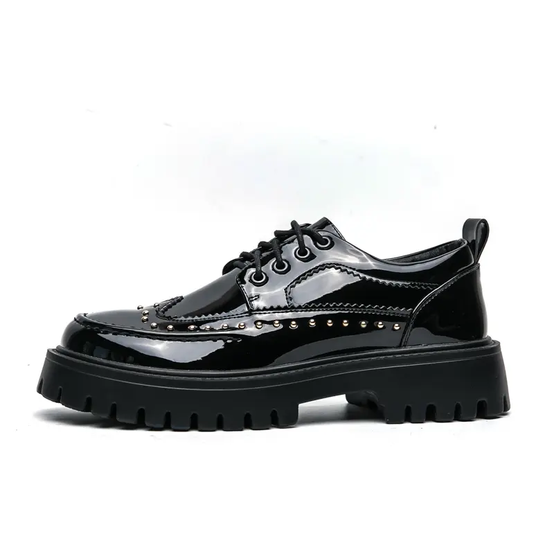 Men's Glossy Studded PU Leather Oxfords - Office Footwear, Lace-Up, Chunky Heel, Round Toe, Ankle Height, All-Seasons, CN38, for Business Casual Outfits