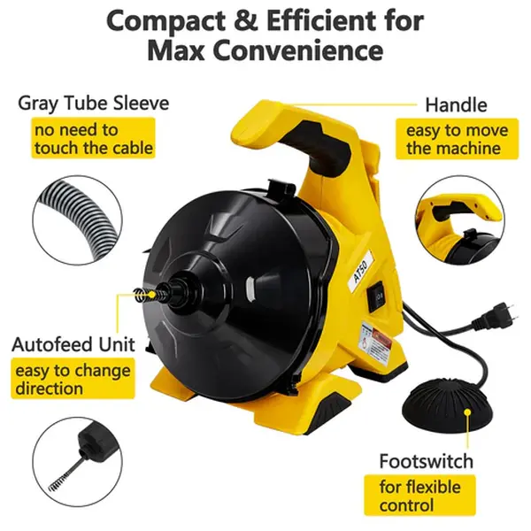 [NEW PRODUCT - FLASH SALE] Garvee Drain Cleaner Machine - 30Ft x 3/10In Auto-Feed Electric Drain Auger for 3/4In-2In Pipes, Piano Wire Cable, Foot Switch, Sewer Snake for Sinks, Toilets, and Floor Drains