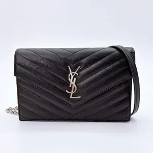 Pre-owned Yves Saint Laurent leather Crossbody Bags Black Chevron Quilted Grained Envelope Wallet on Chain Bag