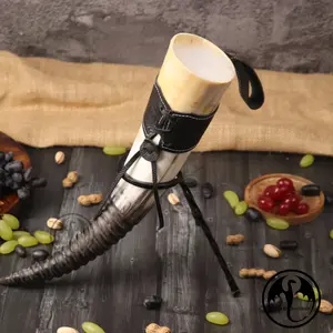 Viking Drinking Horn -with Leather Holster + Stand + Opener |Handmade Beer Cup |Food Grade |Genuine Ox Horn |Natural Shine Finish |LARP |Viking Gift for men