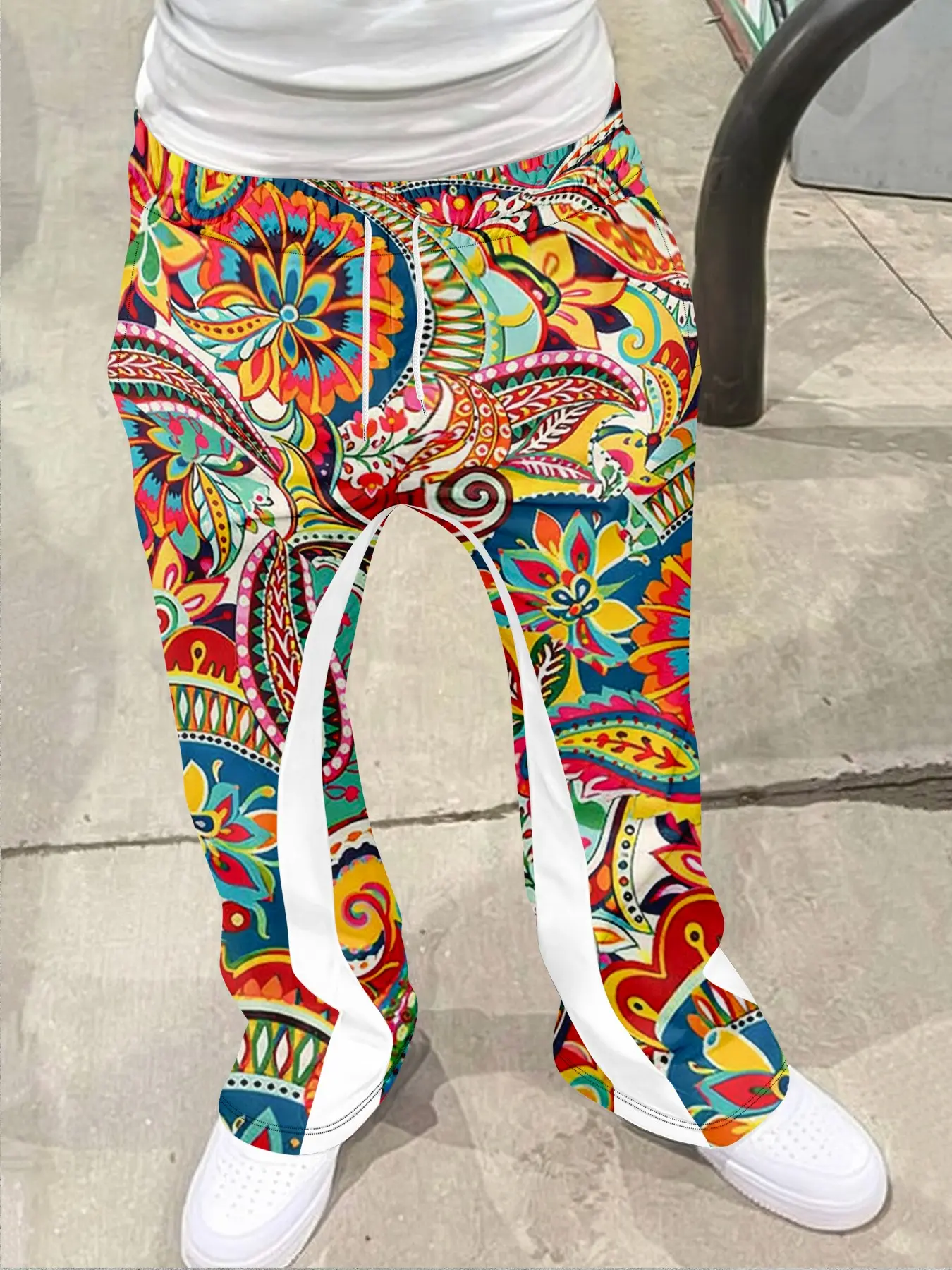 Y2K retro Geometric color block splicing casual aesthetic pants, men's high street retro Fitted flared pants, Casual streetwear trousers - four season styles, fashion trends of 'American retro' and 'workwear casual'