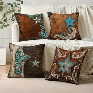 4 Western Cowboy Style Pillow Covers, Vintage Leather Texture with Blue Stars, Decorative Floral Design for Rustic Home Decor, Home Textile