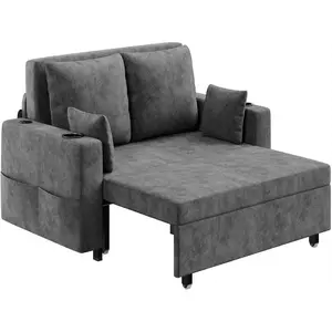 3-in-1 Convertible Sleeper Sofa Bed, modern dark grey PU leather couch with adjustable backrest, USB charging ports, cup holders and side pockets. Comes with 4 pillows, space-saving multifunctional design perfect for living room and bedroom use.