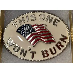 Vintage 1988 Metal Belt Buckle, This One Won't Burn, American Flag, Nice Western Design, 3 1/2" x 2 3/4", Heavy Duty, Quality, Thick Metal, Made in USA, For Belts, Fashion, Shelf Display, Western Wear, Cowboy, Rodeo, Southwest, Country, Fun, Nice