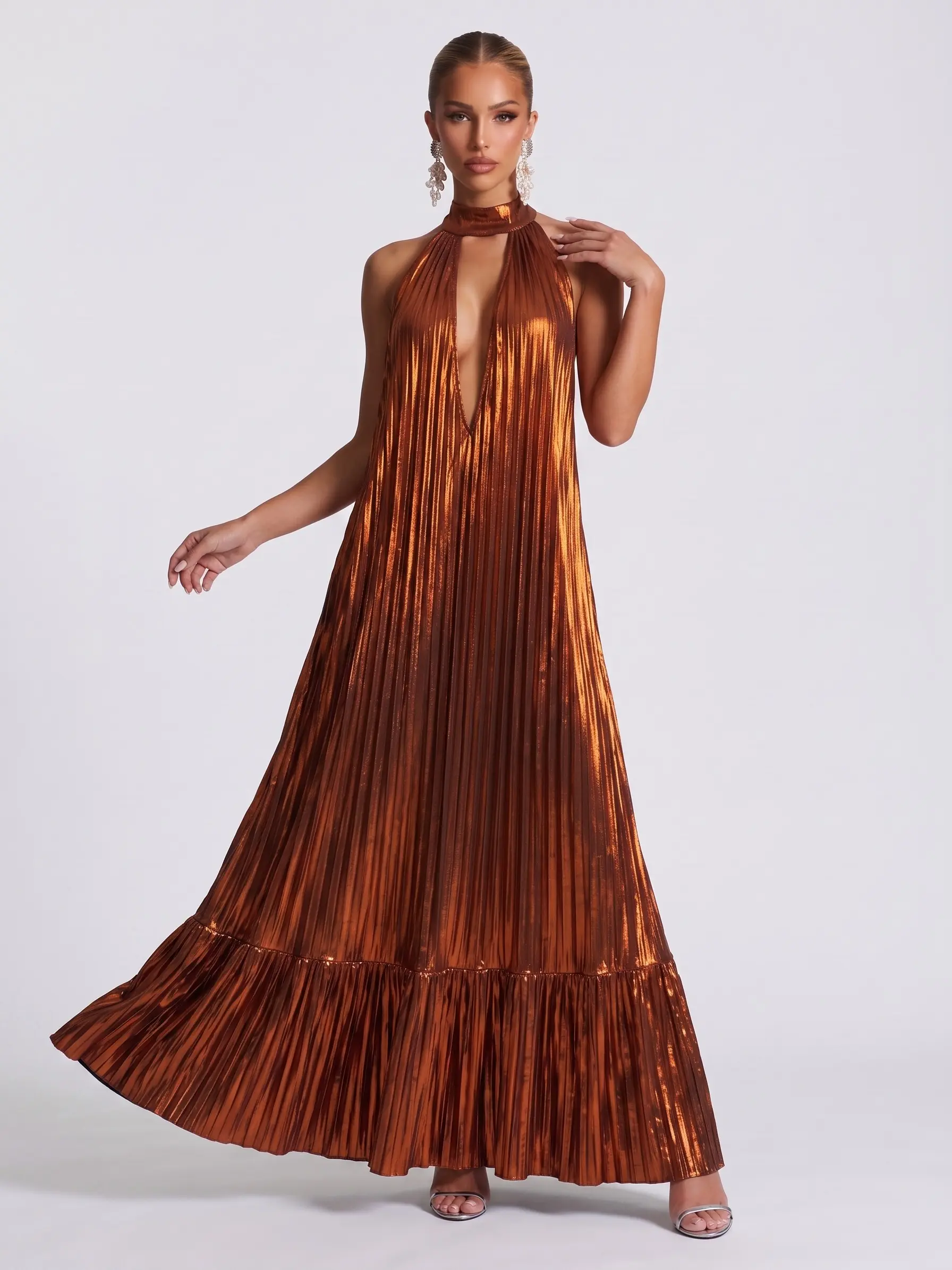 LikeMyChoice Metallic Pleated Halter Maxi Dress Sleeveless Keyhole Front Ruffle Hem Formal Evening Long Dress for Women