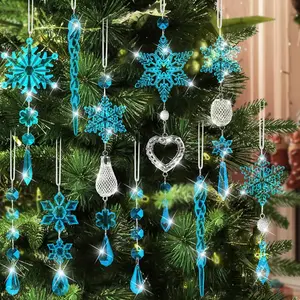 Crystal Snowflake Christmas Tree Decorations - 21pcs Christmas Tree Ornaments Sparkling Dazzling Festival Party Decoration Crystal Snowflake Design Hanging Ornament Holiday Season Home Decor ( Blue )