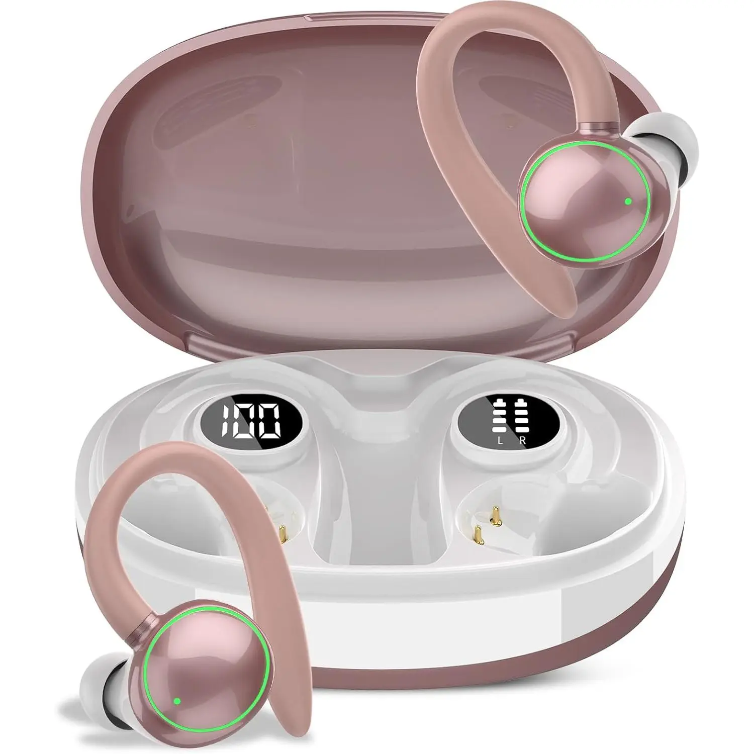 H-25 Wireless Earhooks Earbuds, Bluetooth 5.4 Audio Headphones with ENC Noise Cancellation Mic, 48H Playtime, Stereo Deep Bass, IP7 Waterproof, Fast Charging, Stable Connection, Lightning Compatibility for Workout, Rose Gold