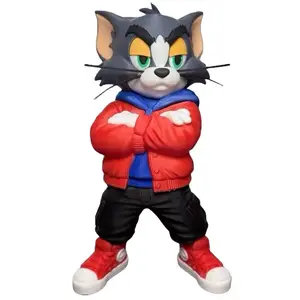 Cat Figurine, Home Decor Ornaments, Room & Household Items Decor - Red Jacket, Black Pants, Red Sneakers