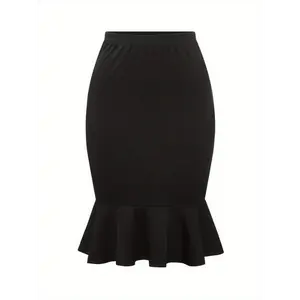 Black Chic Mermaid Skirt - High-Waist, Stretchy Polyester & Elastane Blend, Machine Washable Elegant Bodycon Design for Spring Fashion Fabric Womenswear Bottom Palda