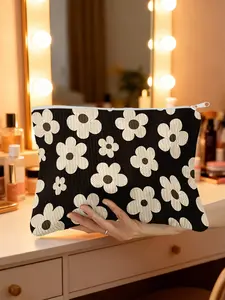 1pc, Retro Style Floral Wood Grain Blooms Print Corduroy Cosmetic Bag, Vintage Vanity Bag, Makeup Bags, Makeup Storage Bag, Lightweight Makeup Organizer and Travel Toiletry Pouch, Easy to Carry, Travel Beauty Bag, Travel Accessory