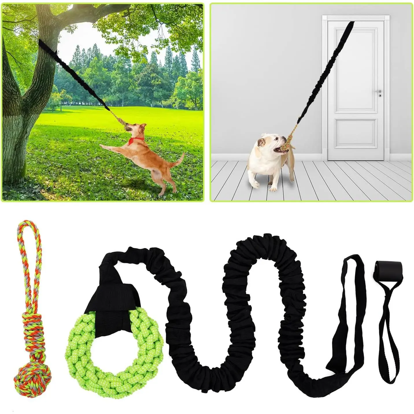 4-Piece High-Quality Rope Dog Toys Set with Easy-to-Install Door Anchor System, Interactive Bungee Tug Toy for Indoor & Outdoor Play, All Seasons, Black & Green, 4 Pieces, Simple Setup