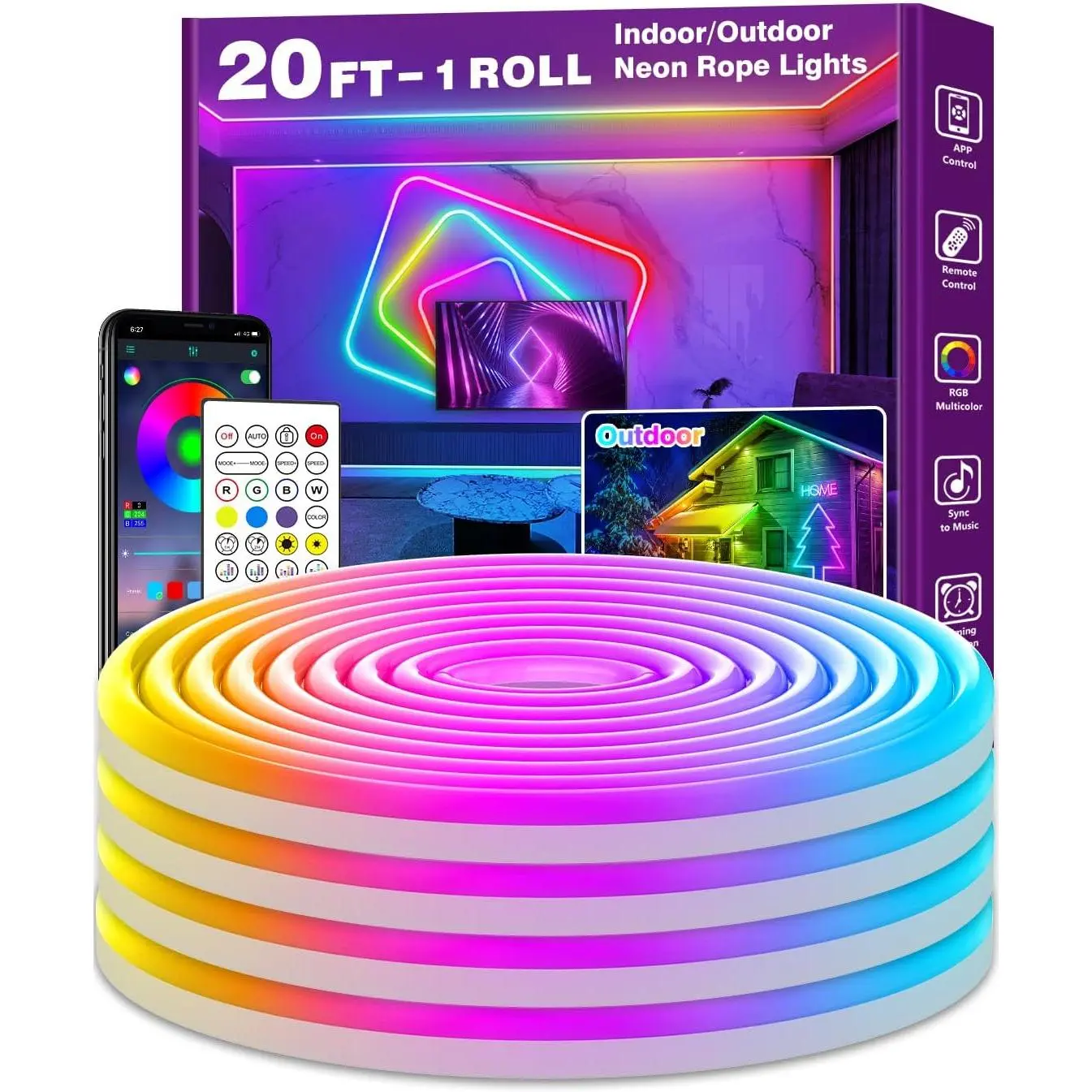 20 Feet (Approximately 20 Feet) Neon Rope Light, Flexible LED Rope Light Control, Comes with App/Remote Control, Multiple Modes Rope Light, IP65 Outdoor RGB LED Neon Light Waterproof, Music Sync Game LED Neon Light Strip, Suitable for Bedroom Decoration s