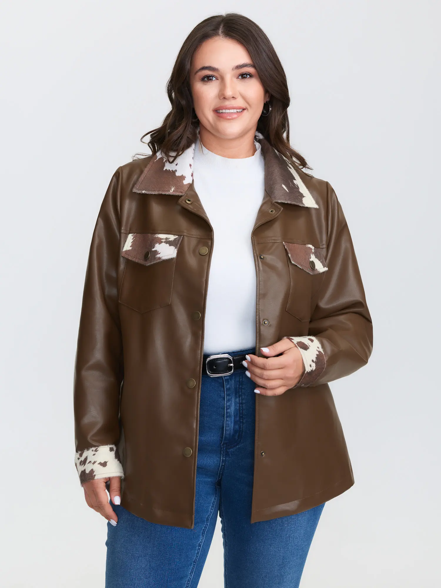 Women's Brown Coffee Animal Print Jacket, Textured Faux Leather Long Sleeve Coat with Contrast Details and Pockets, Polyester