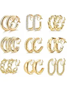 9 Pairs Clip on Earrings Set, 14k Gold Plated Chunky Hoop Clips, Trendy Non-Pierced Fake Earrings for Women, All Seasons Jewelry