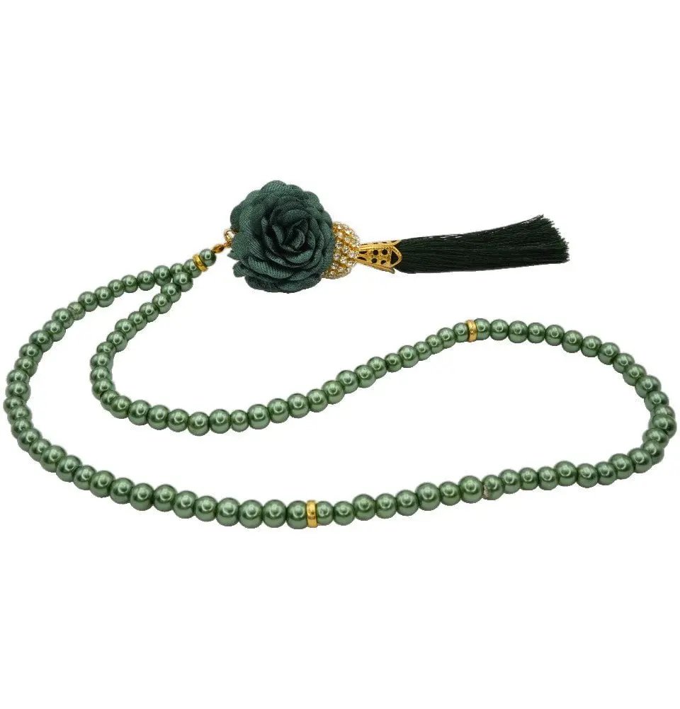 Islamic Tesbih Acrylic Pearl 99 Count Prayer Beads with Rose & Rhinestone Bead - Green