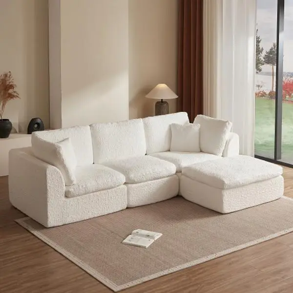 [Bellemave] 110" Chenille Cloud L-Shape Modular Sofa, 3-Seater Wrinkle-Free Convertible Couch with Ottoman, Lumbar & Neck Support, 39" Deep, Marble-Like Warm White Indoor Furniture (Assembly Required)