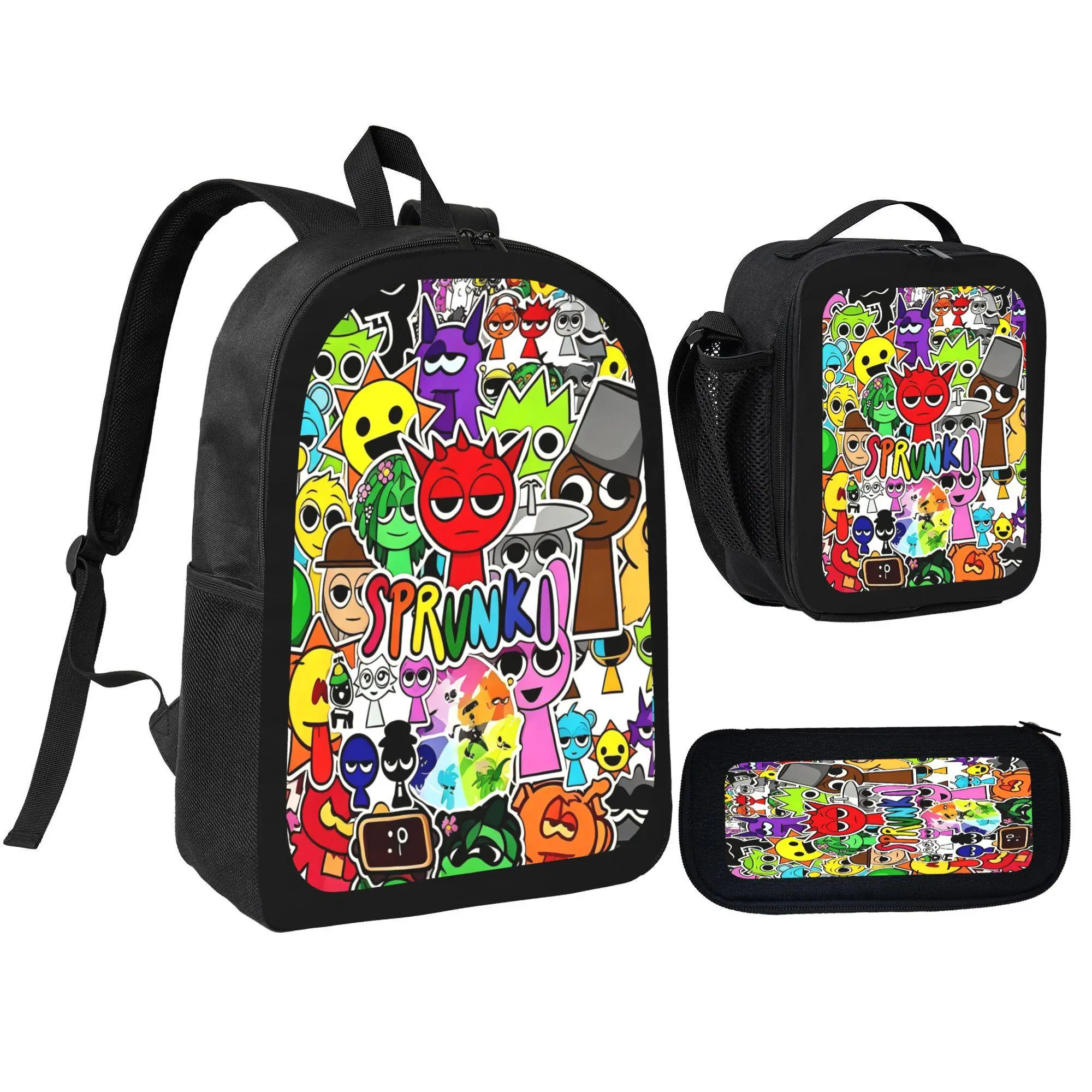 Sprunki Game Character 3‑in‑1 Backpack Set, Kids School Backpack with Lunch Bag and Pencil Case Lightweight Bookbag Kit for Boys Girls Back to School