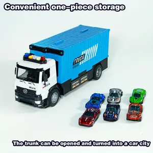 Foldable 3-Tier Railed Truck Container Track Playset for Kids, Portable Race Track Toy with 6 Mini Alloy Cars, Educational Vehicle Game for Toddlers 3-6 Years Old, Ideal Blue Birthday & Christmas Gift