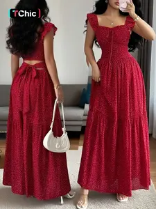 Vintage Multicolor Polka Dot Square Neck Ruffle Dress, Backless Bow Waist Cinch A-Line Resort Style Women's Dress, Elegant Summer