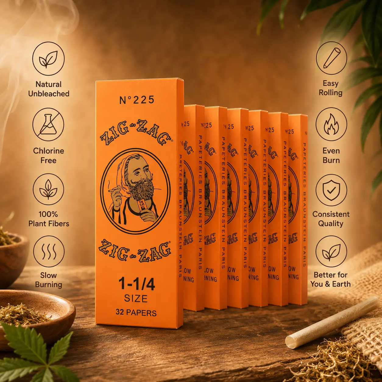 ZIG-ZAG Rolling Papers French Orange 1 1/4 ( 6 Booklets) | Slow burning 32 Sheets Each, Natural Flax Plant Fibers, 78 mm
