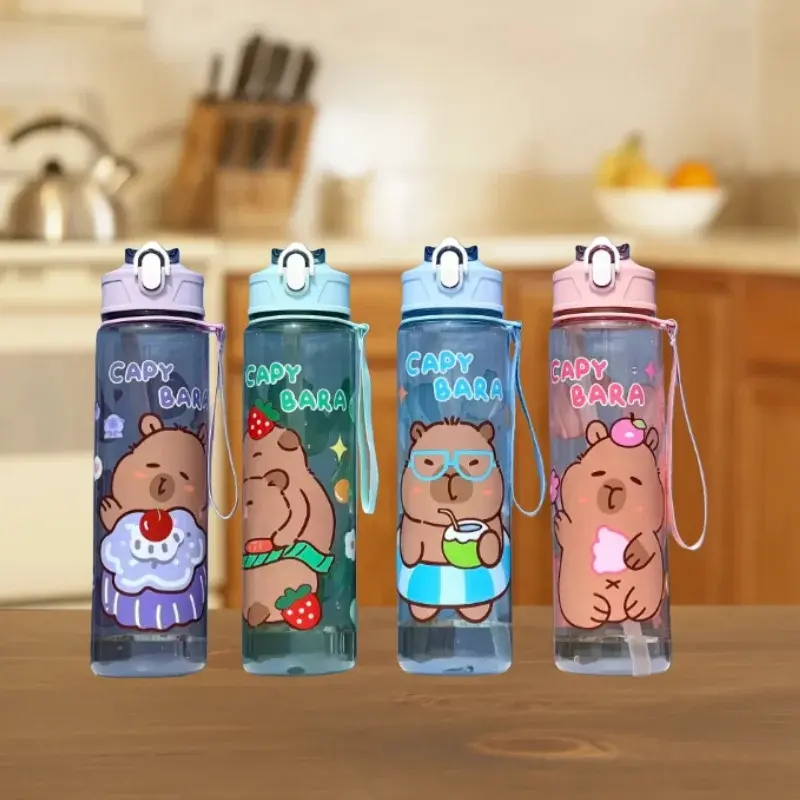 750ML Cute Capybara Water Cup With Straw & Handle Sports Drinking Bottle Large Capacity Kawaii Water Bottle For Outdoor Use