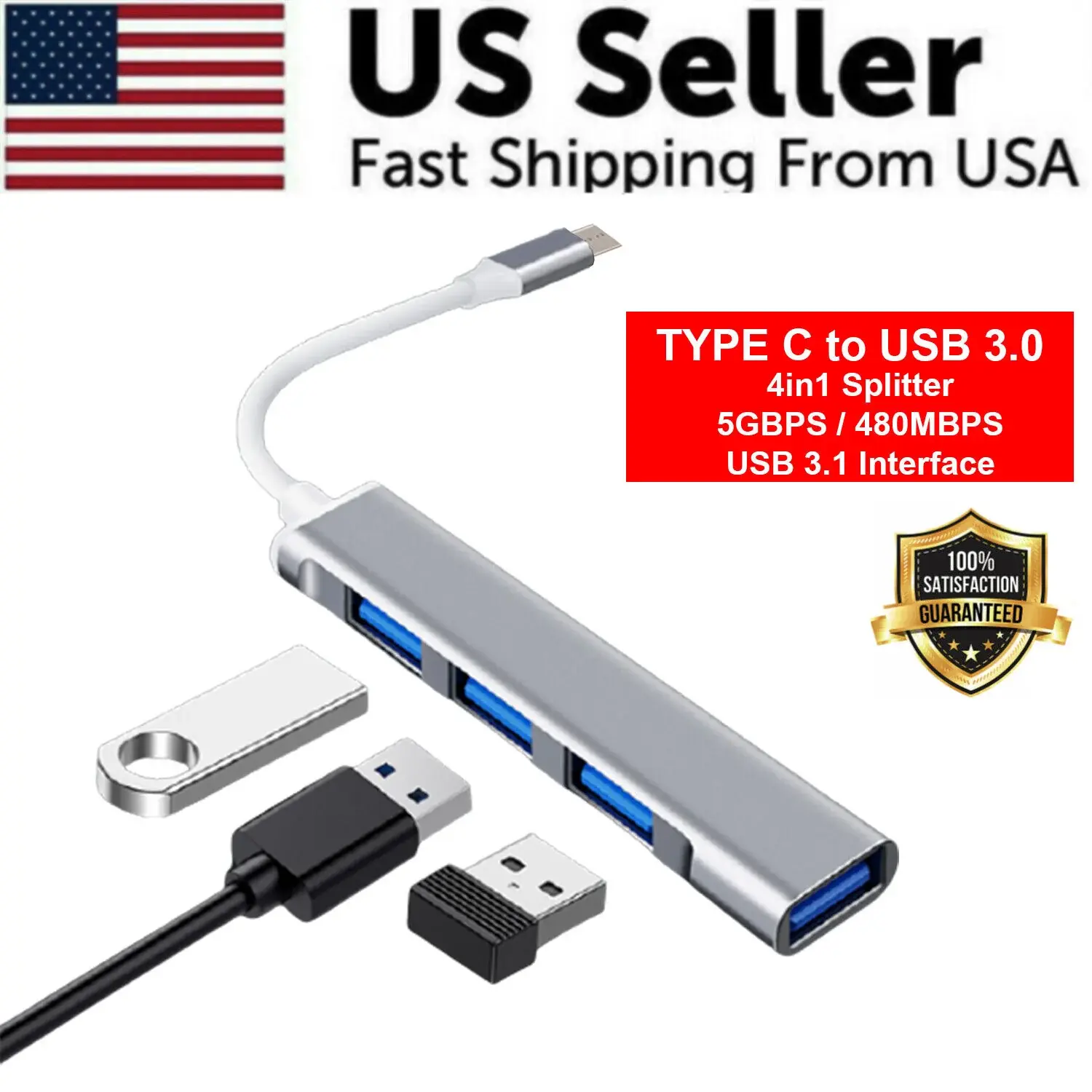 4in1 USB-C to USB 3.0 4-Port Hub Splitter, Compatible with PC, Macbook Pro, Ipad, and Mobile Phones, 4In1 Splitter