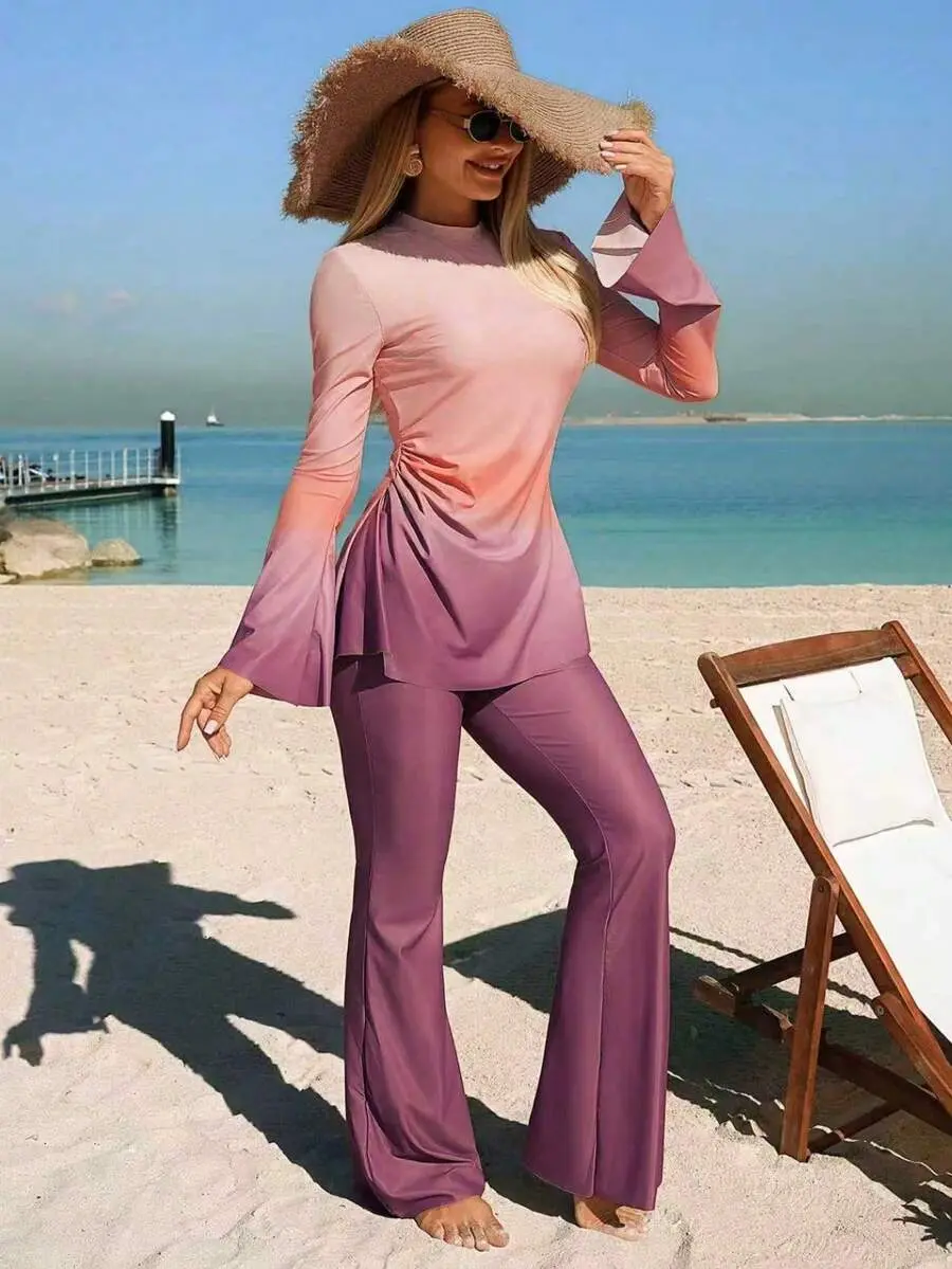 Purple Ombre Burkini Set for Women Long Sleeve Modest Swimwear Beach Vacation Outfit