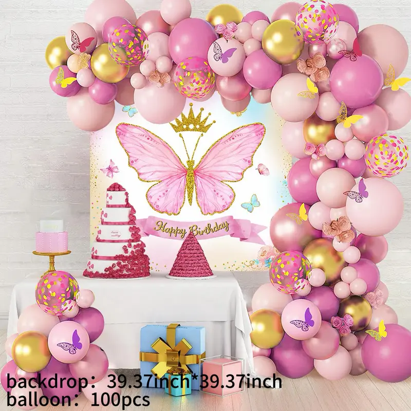 100pcs Plastic Crown Butterfly Design Balloon Garland Arch Decoration Set, 39.37in×39.37in Pink-Purple Cloth Backdrop Banner with Balloon Chain for 1st Birthday Home Party Supplies