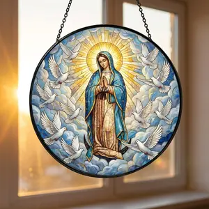 Virgin Mary Stained Glass Window Hanging Suncatcher, Blessed Mother with White Doves, Christian Catholic Home Decor Gift