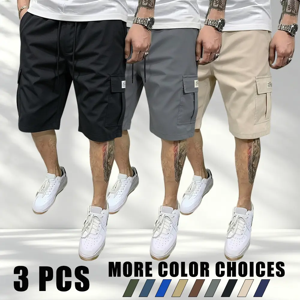 3-Piece Men’s Fitted Workwear Cargo Shorts – Summer Drawstring Waist, Color-Block Design | Breathable Lightweight Fabric, Multiple Storage Pockets, Versatile Casual Shorts for Beach & Fitness Training