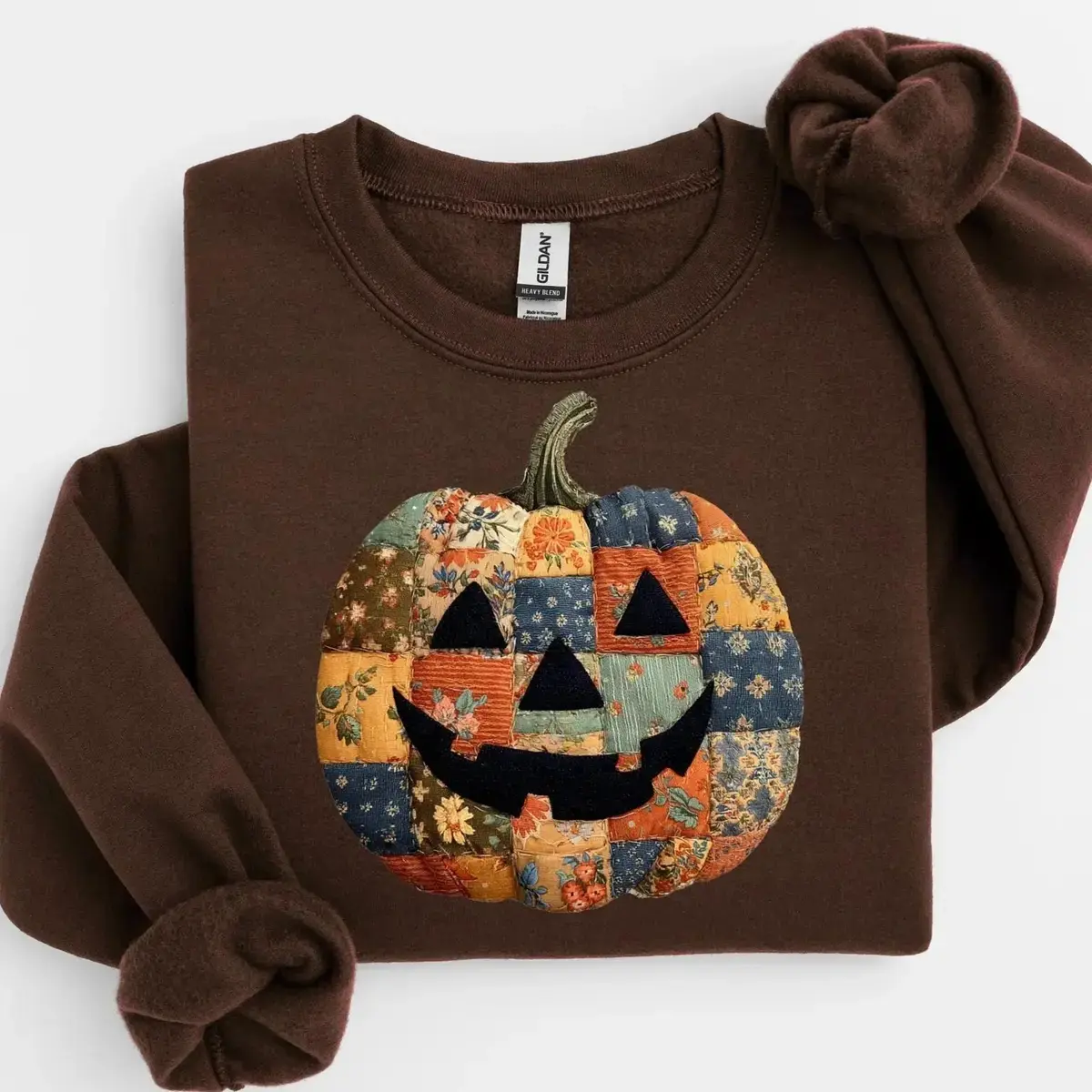 Retro Patchwork Halloween Pumpkin Gildan Sweatshirt - Cute Spooky Season Graphic Tee, Fall Halloween Gift