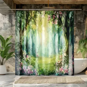 1pc  Jingyou Mountain Forest Shower Curtain , Retro Green Polyester Fabric with Vibrant Nature Scene, Serene Landscape Design, Bathroom Decor And Accessories, Spa Inspired Decor, Natureinspired Design, Easy Maintenance Fabric