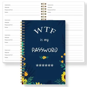 A5 Password Book Deep Blue Sunflower Design, Record Username Website Password Tips Important Notes, Spiral Bound Flat Lay Easy Write