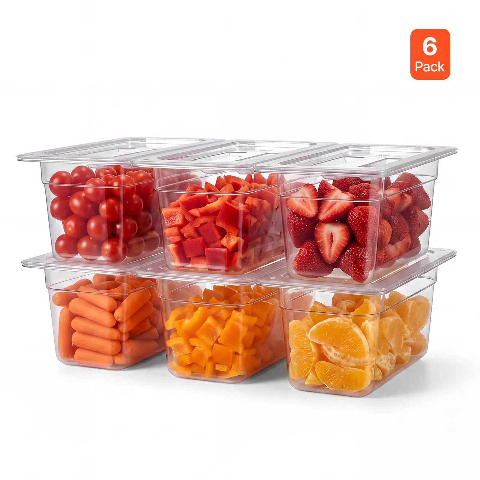 VEVOR 6-Pack 1/3 Size 6" Deep Polycarbonate Kitchen Food Pans with Lids, Stackable Dishwasher-Compatible Utensils, Scale Markings for Restaurants & Commercial Food Storage