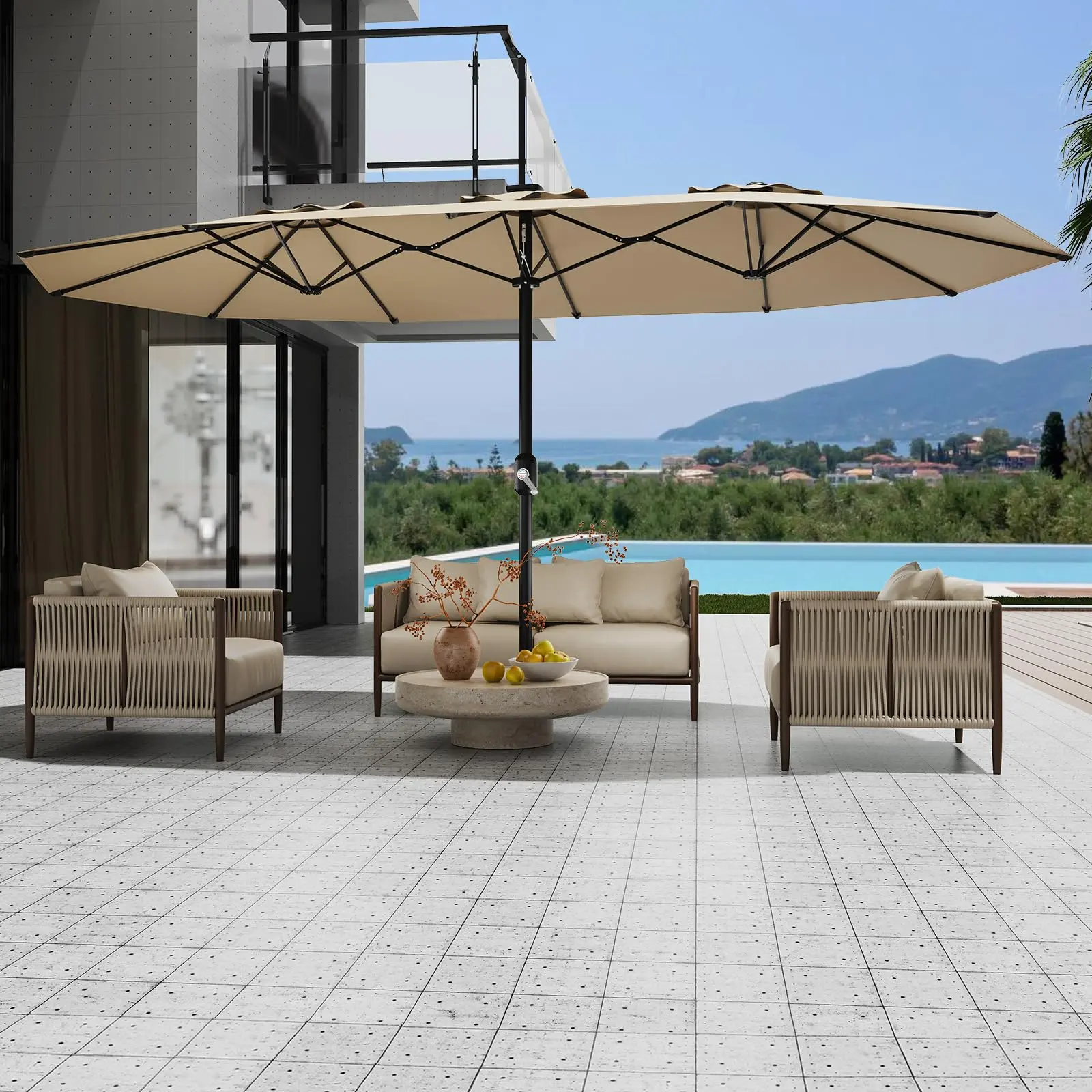 【GARVEE】- Large 14-foot Patio Umbrella, Double-Sided Rectangular Crank Umbrella for Pool, Lawn, Garden, Beige Color