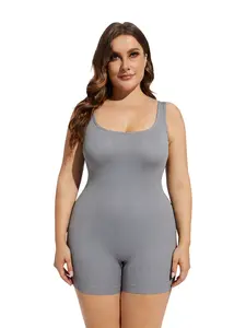 Women's Plus Size Waist Cinching Body Shaping Seamless Ribbed Four-Way Unitard, Sexy Plain One-Piece Top for All Seasons
