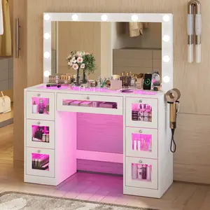 LED Vanity Desk with Mirror, Makeup Table with Power Outlet and 11 Lights, Vanity Table with 7 RGB Drawers, for Bedroom, Dressing Room, White