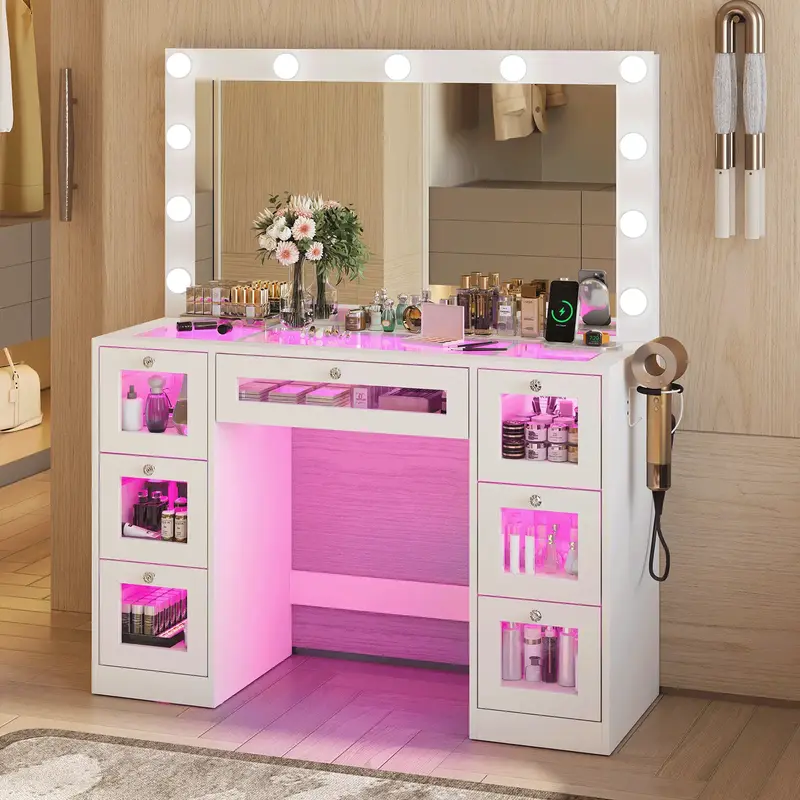 ladies dressing table with mirror SlayStation Nebula Vanity Table with RGB Light + Vanity Mirror Bundle, White main image 0