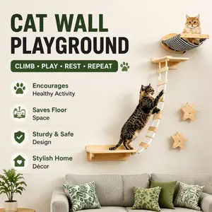 Wall-Mount Cat Playground for Indoor Cats – Fun Climbing Ladder, Cozy Hammock, Space-Saving & Stylish Home Décor