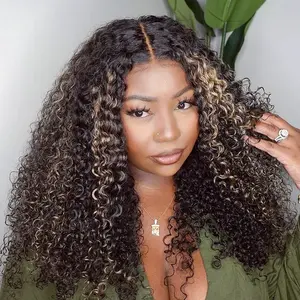 【Lowest Price: 24" Only $119】Trendy Ready to Wear Blonde Highlight Glueless 4x4 Pre Cut Lace Kinky Curly Wigs with Pre Plucked Hairline & Bleached Knots