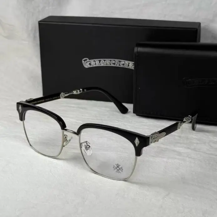 High-End Chrome Hearts Square Eyeglass Frames for Men & Women, Luxury Black Gold Cross Detail Optical Glasses, Premium Designer Style Unisex Frames with Leather Case