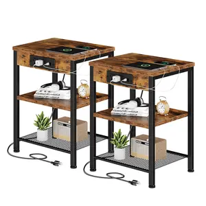 3 Layer Adjustable Storage Bedside Cabinet, 15.7” Compact Side Table with Integrated Socket and USB Interface Charging Station, Dual-Purpose End Table & Mini Coffee Table