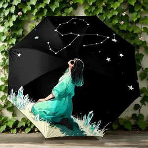 1PC personalized folding umbrella with a print of a woman sitting on the grass looking up at the starry sky, suitable as a birthday gift, for various holidays, travel, and gift-giving