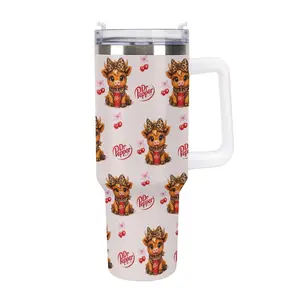 Dr Pepper Highland Cow Tumbler with Handle, 40oz Insulated Stainless Steel Travel Mug, Cute Cow Graphic Water Bottle, Leopard Print Bow & Cherry Coquette Aesthetic, Cute Western Cow Drinking Dr Pepper |   Leopard Bow & Cherries, Travel Cup Gift for Her