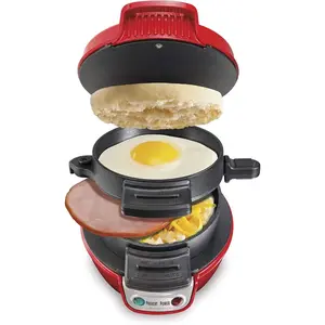 Breakfast Sandwich Maker with Egg Cooker Ring, Customize Ingredients, Perfect for English Muffins, Croissants, Mini Waffles, Perfect White Elephant Gifts, Red (25476)
