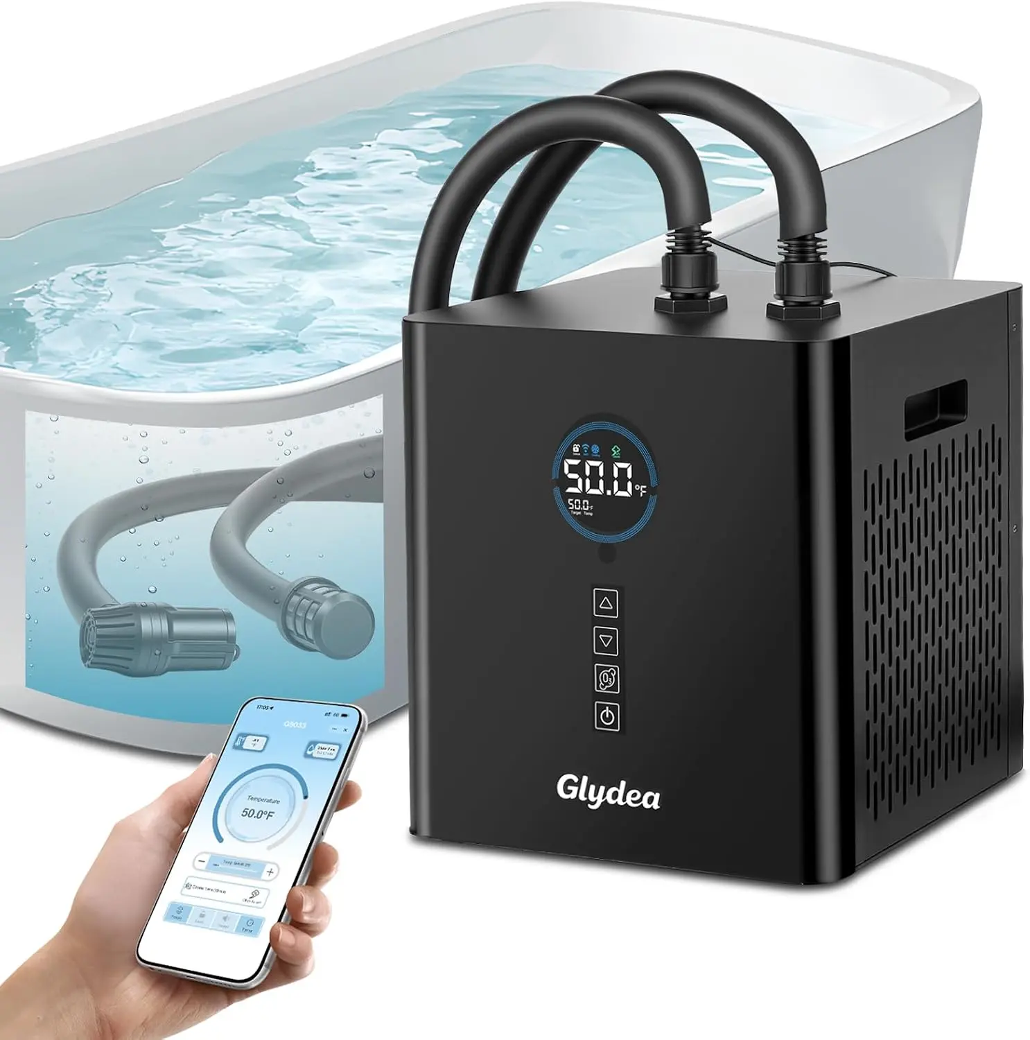 Ice Bath Chiller for Cold Plunge Tubs, 1/3HP 330W Glydea Cold Plunge Water Chiller with Built-in Ozone Function, 24/7 Water Flow, Dual Filtration, Upgraded Hose and Pump, Large LED Color Display
