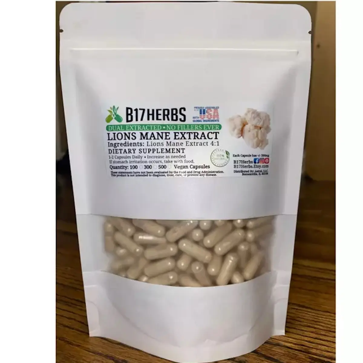 Lions Mane Mushroom Extract 4:1 | Extra Strength 500mg - 100 Veggie Caps