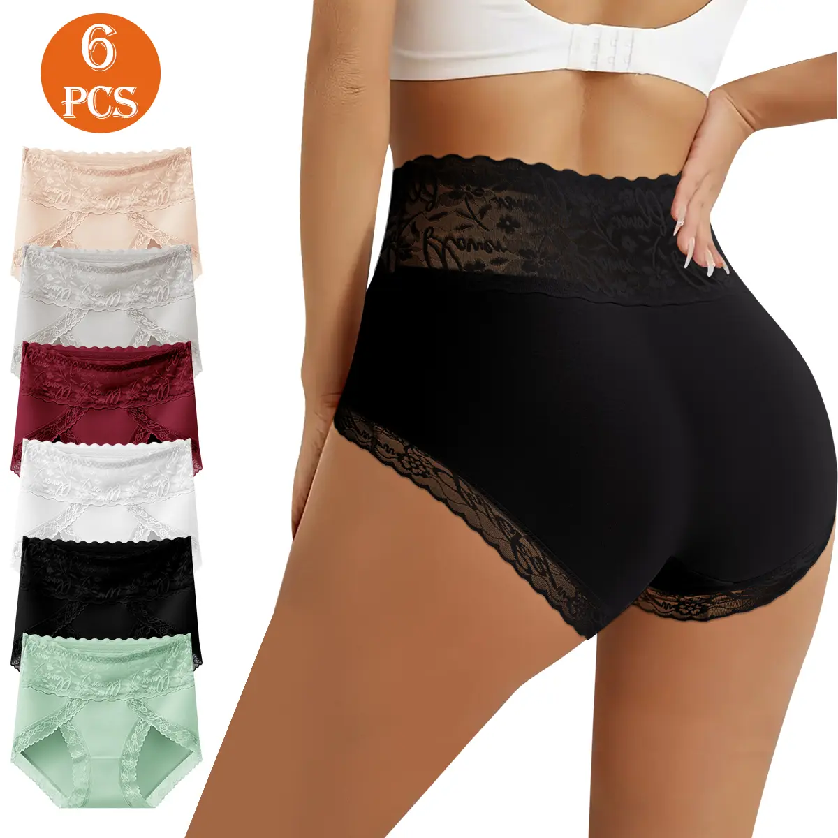 QUASTI 6-Piece Elegant High-Waisted Lace Women's Briefs, Breathable and Soft Smooth, Seamless Print, High-Elasticity Full-Coverage Panties, Comfortable and Skin-Friendly, High Slit To Prevent Chafing, Suitable For Everyday Womenswear, Sizes S-XXL